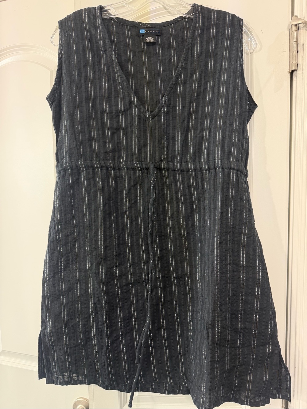 Relativity Black Striped V-Neck Linen Dress